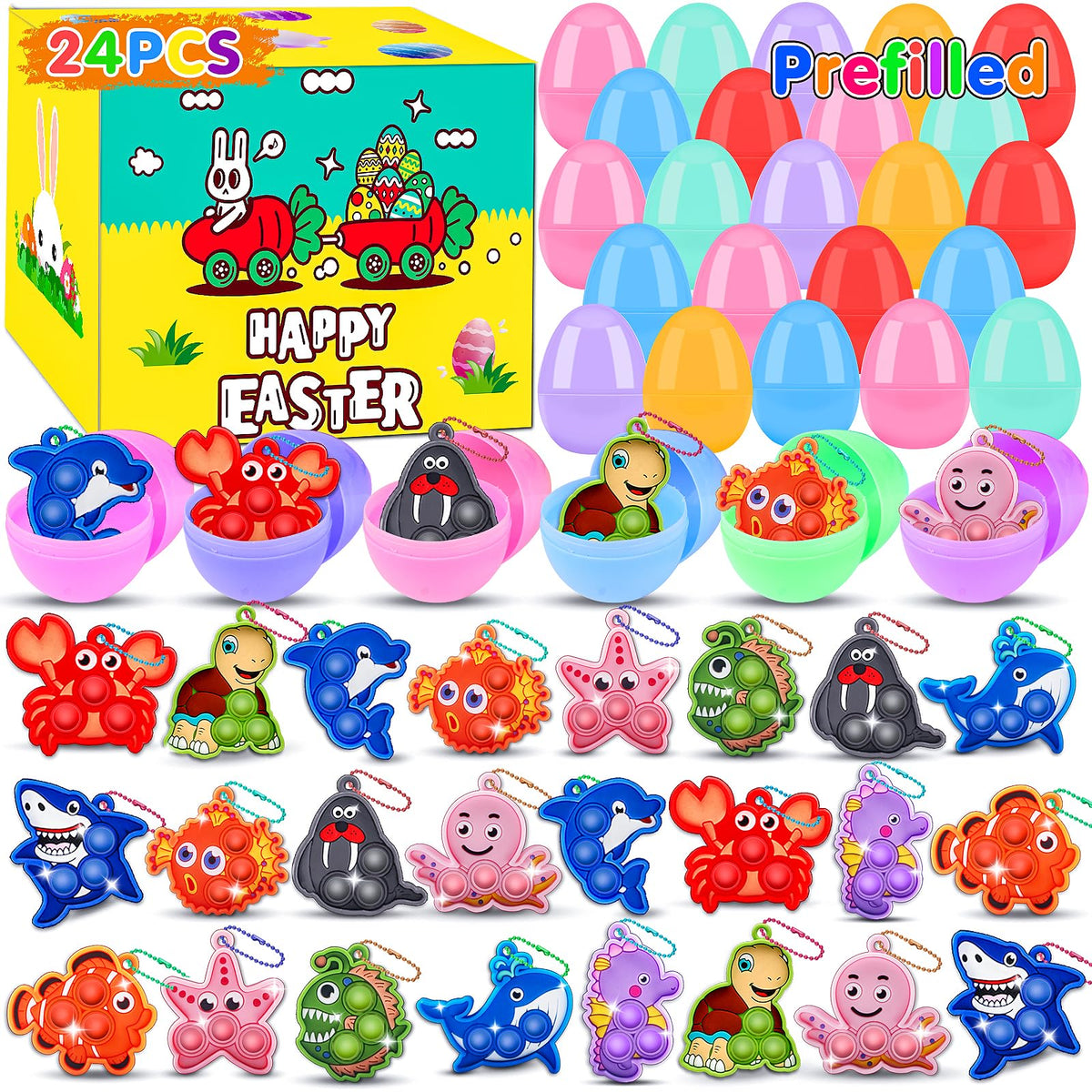 Kiss Monkey Easter eggs filled with sea animal toys for exciting egg hunts.