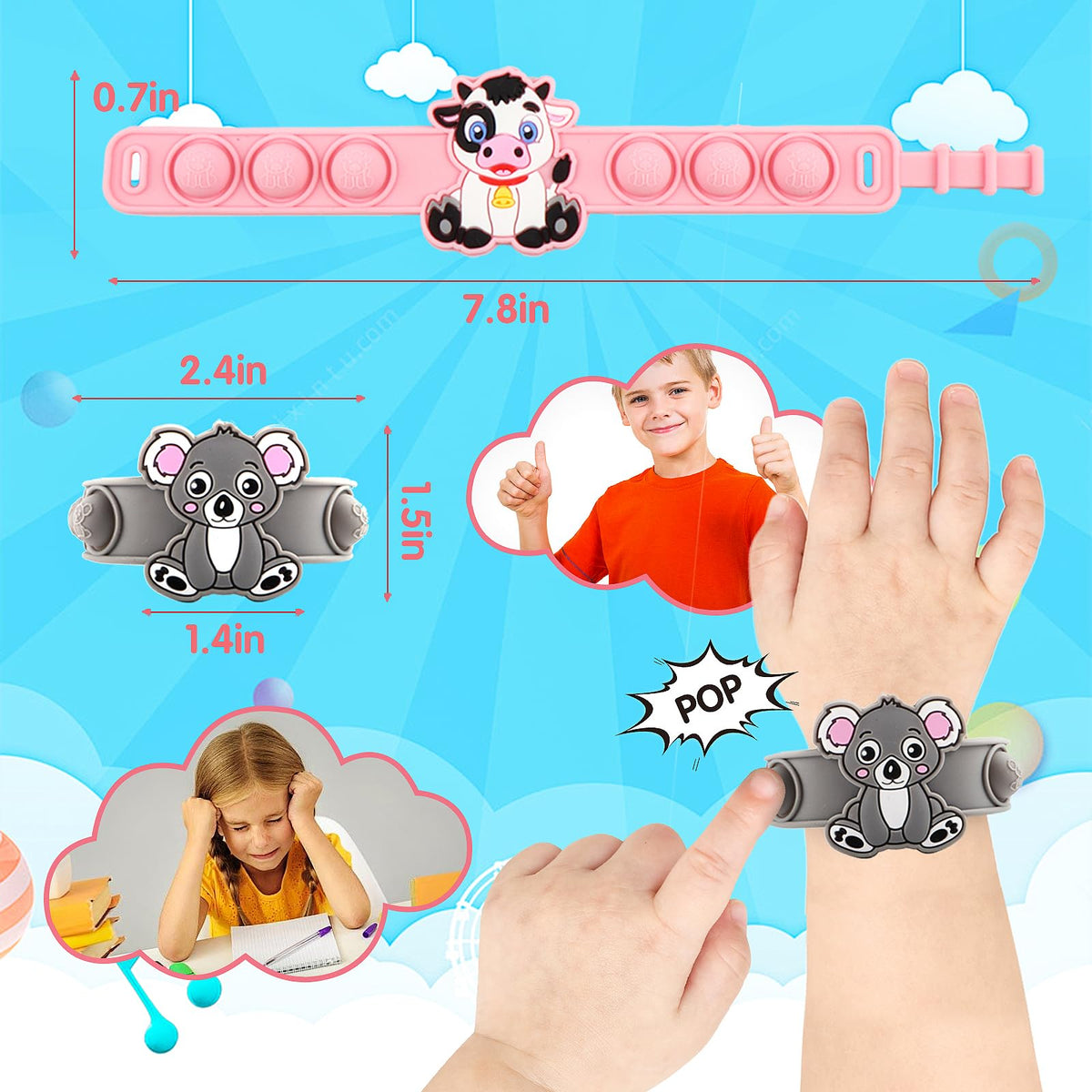 Kiss Monkey silicone pop bracelets feel smooth and safe for little hands.