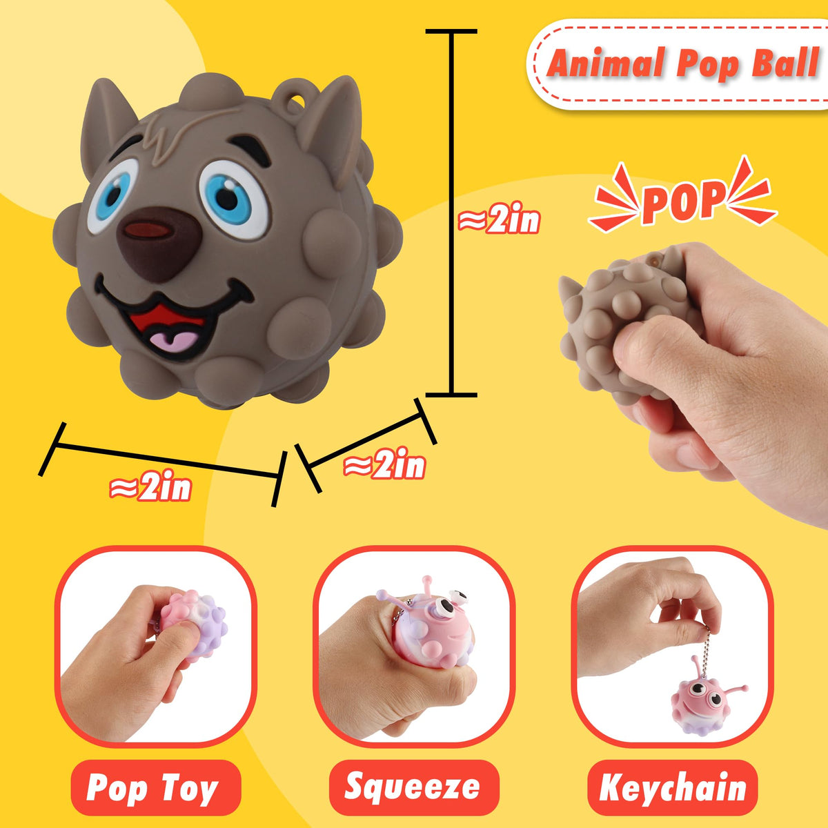 KissFree Animal Pop Ball front pop action engages tactile play