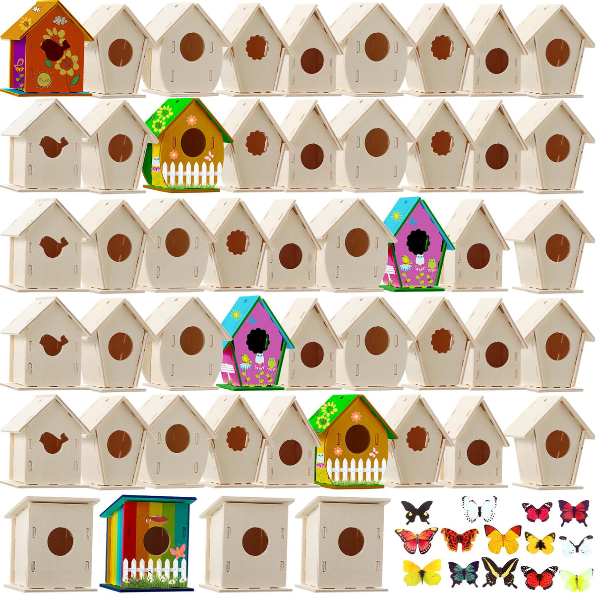 Kisston 210-pcs birdhouse kit with six shapes, ready for painting and display.