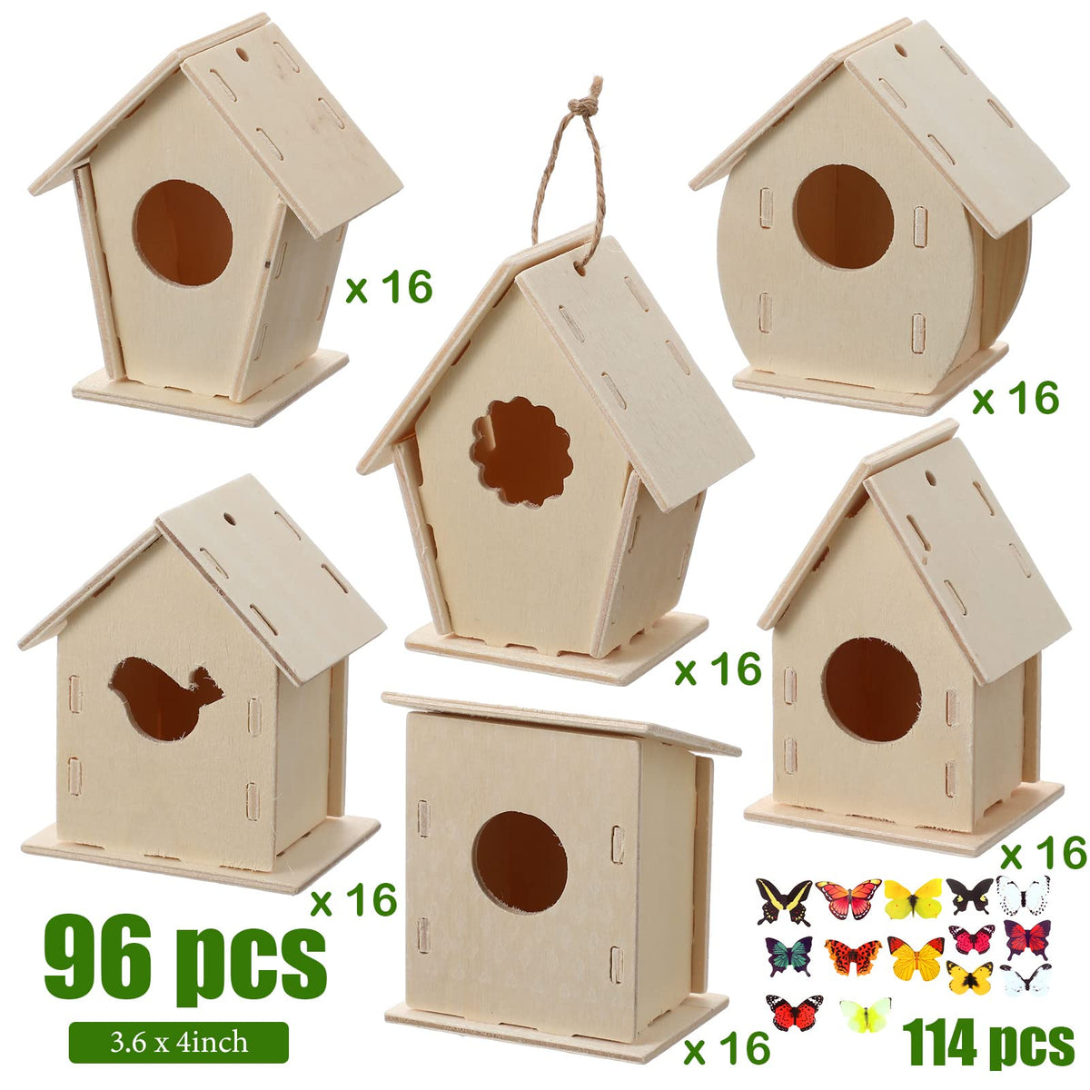 Kisston DIY birdhouse kit shows easy-to-assemble wood pieces for kids ages 5-8 and up.