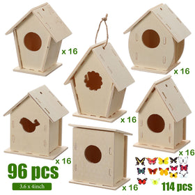 Kisston DIY birdhouse kit shows easy-to-assemble wood pieces for kids ages 5-8 and up.
