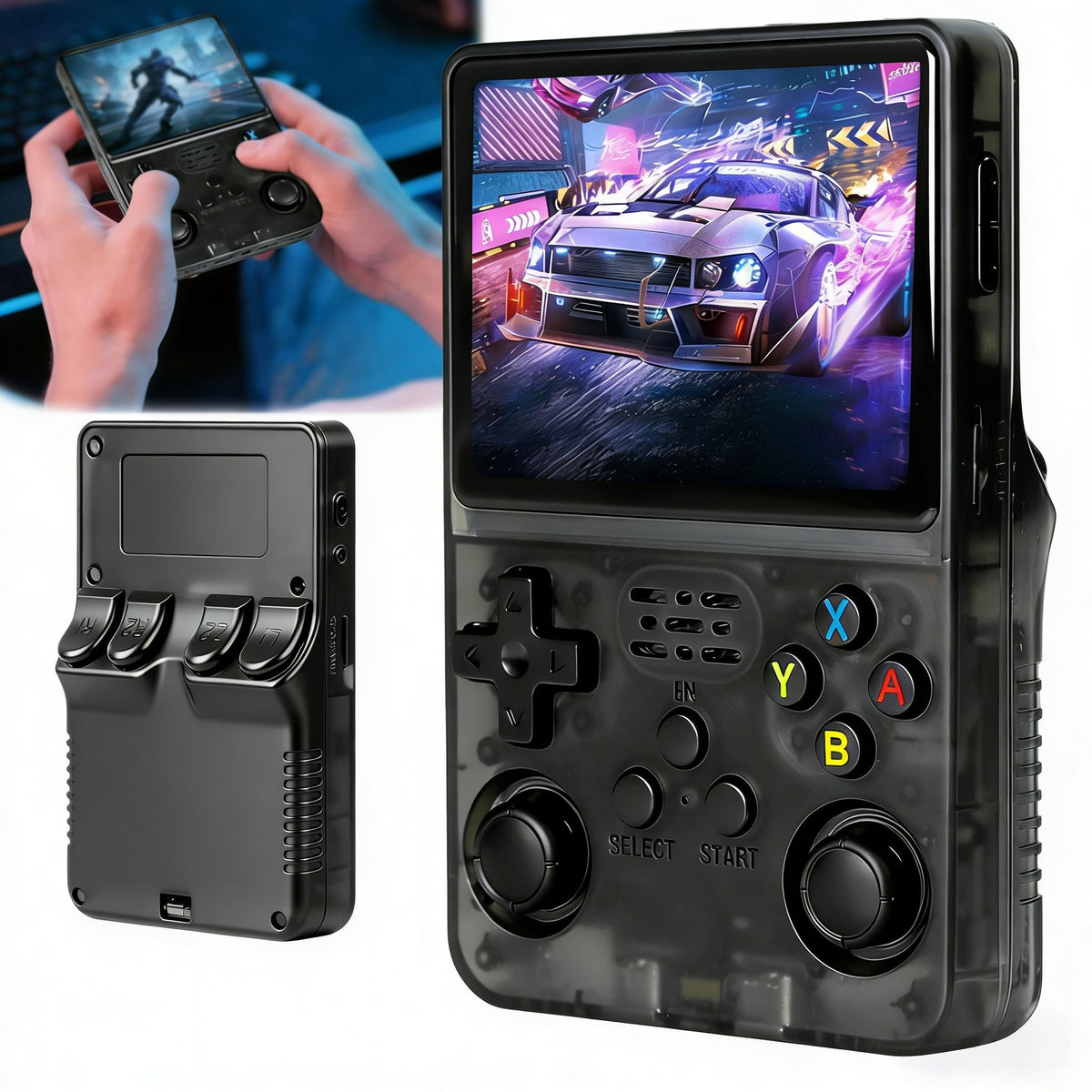 KITCHSTAR R36S front view showing compact retro handheld design for on-the-go gaming