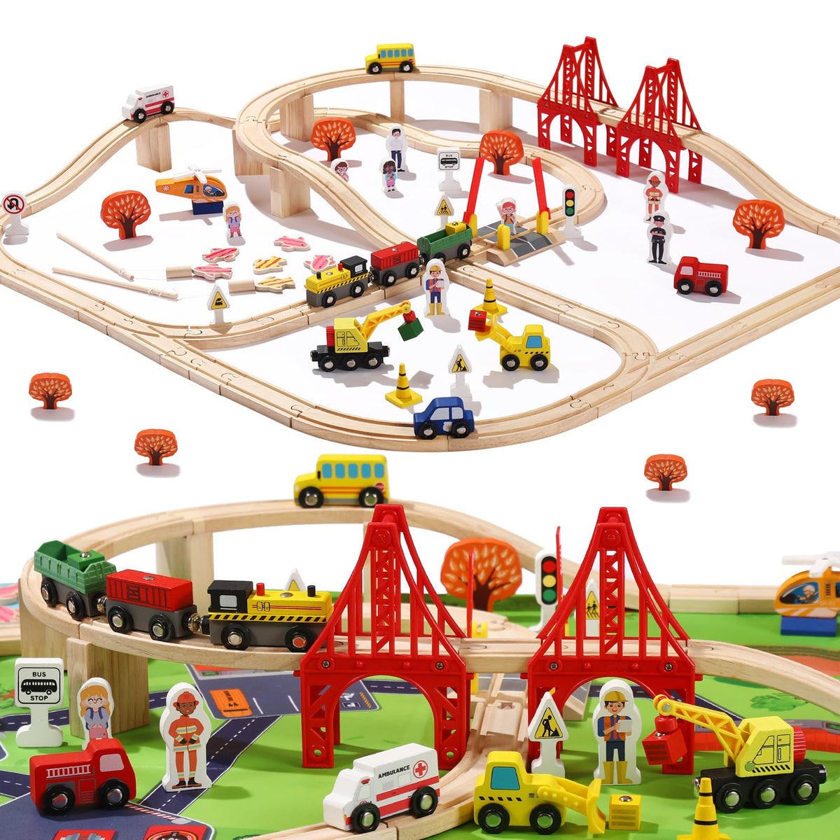 KiToyWod 100-piece wooden train track set with bridge for creative play