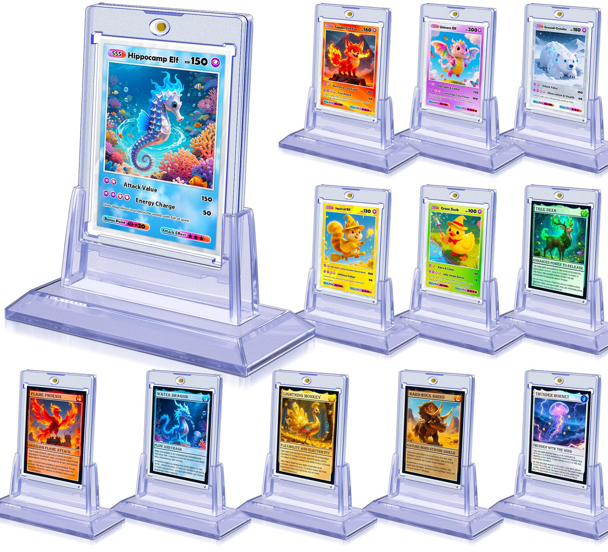 Kitoyz magnetic card holders, 12-piece set for organized trading cards displays.