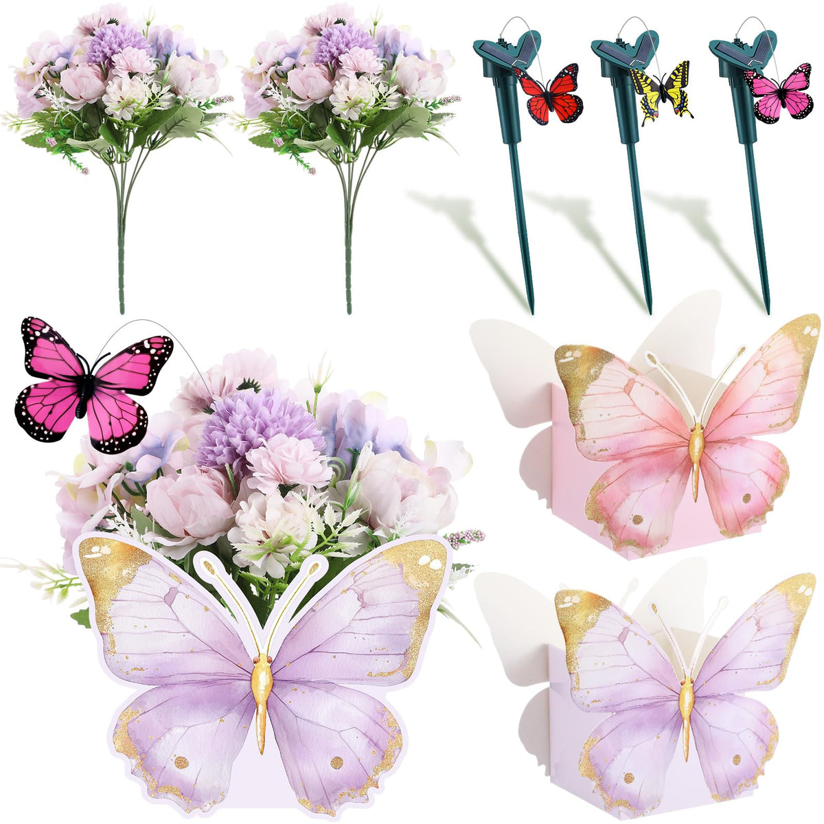 Kittmip solar butterfly centerpieces with pink and purple butterflies brighten wedding tables