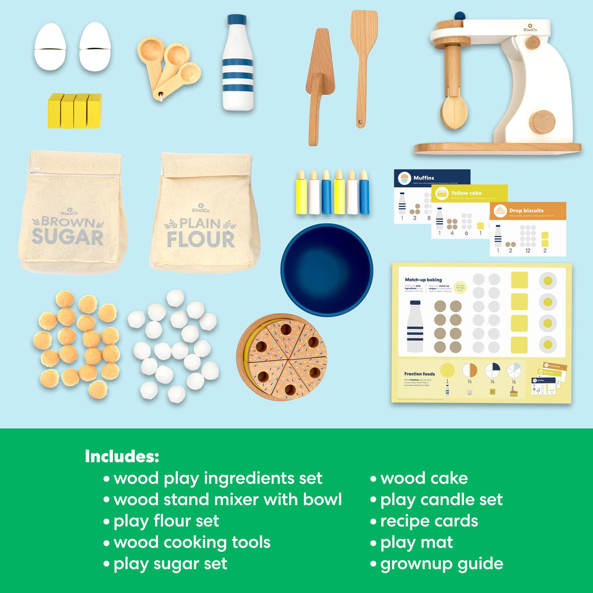 KiwiCo Bake-a-Cake play kitchen scene highlights collaborative pretend baking.