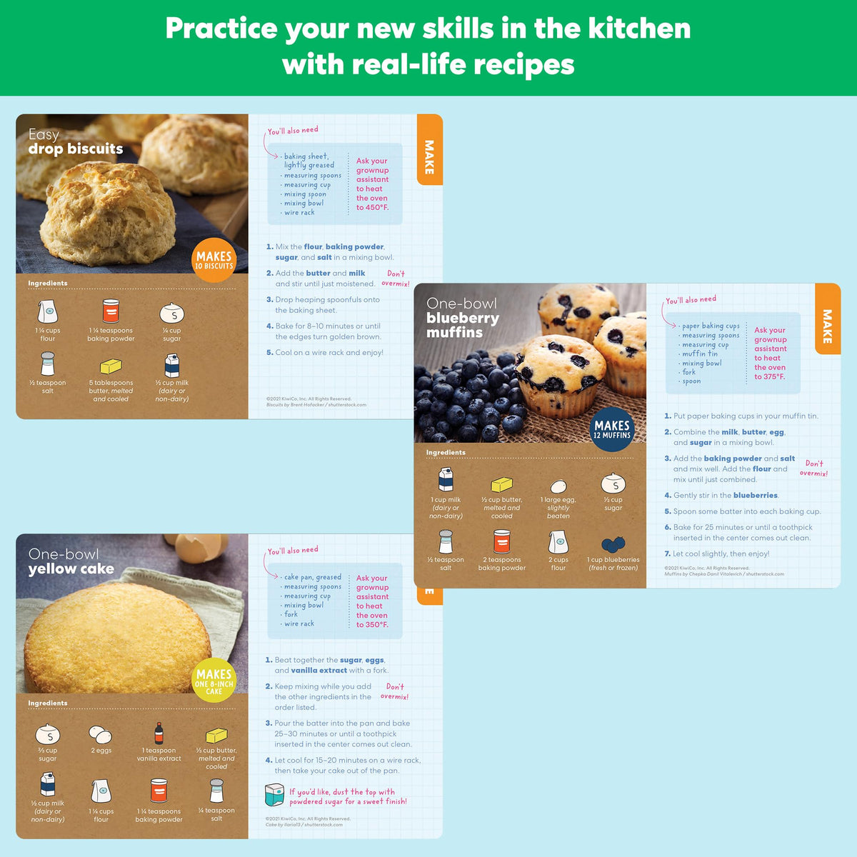 KiwiCo Bake-a-Cake recipe cards illustrate steps and encourage following directions.