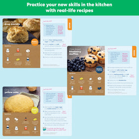 KiwiCo Bake-a-Cake recipe cards illustrate steps and encourage following directions.