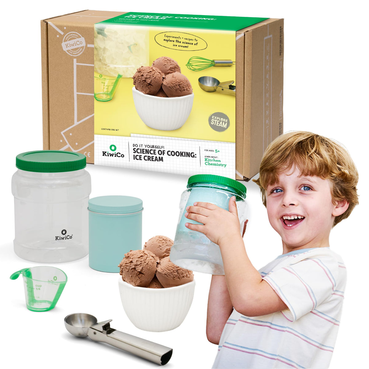 KiwiCo Science of Cooking ice cream kit box and tools for hands-on kitchen science at home.