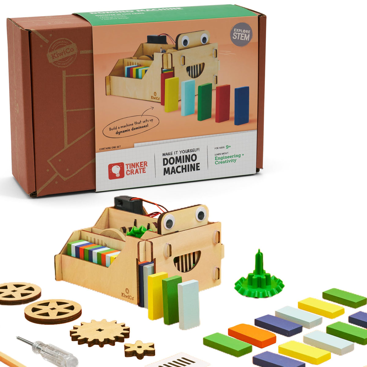 KiwiCo Domino Machine with wooden robot arranging dominoes for creative STEM play.