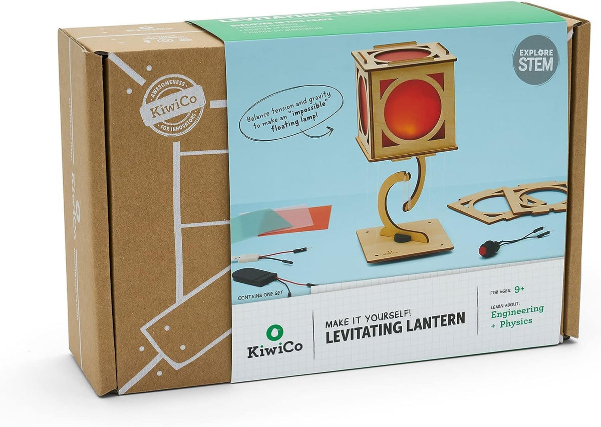 KiwiCo levitating lantern tilt-test demonstrates stability and experimentation with motion.