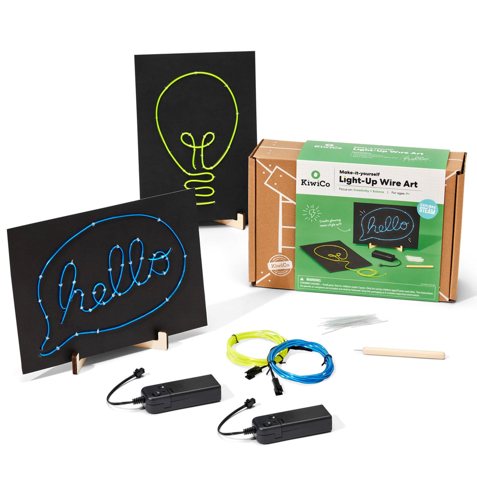 KiwiCo light-up wire art kit EL wire glow close-up highlighting neon effect for STEM fun