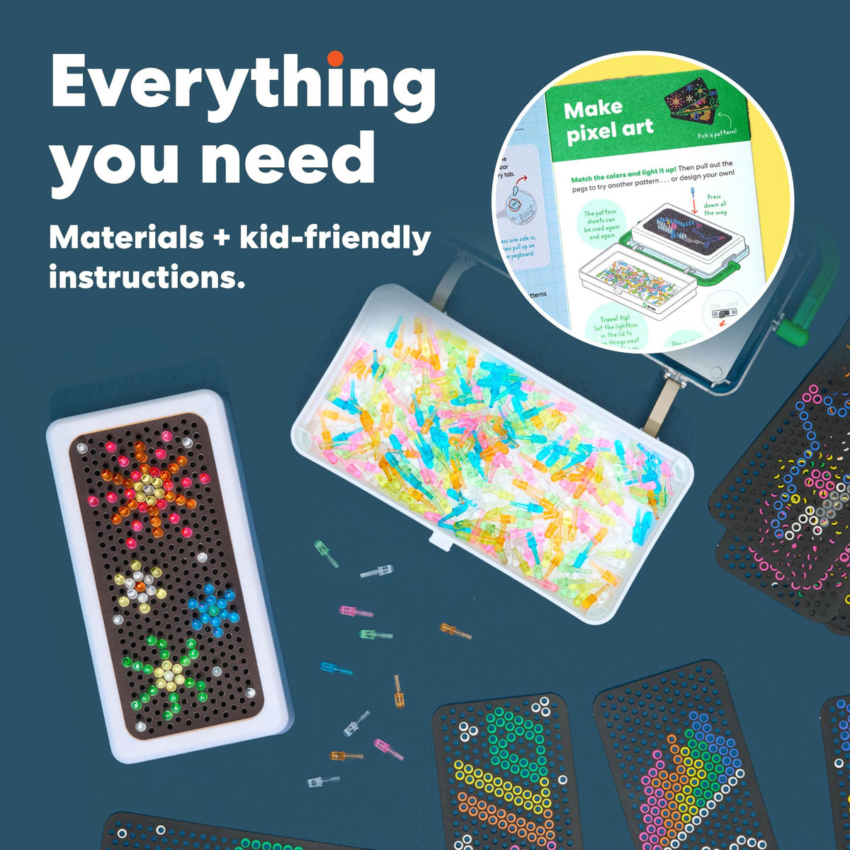 KiwiCo Pixel Art Kit illuminates designs with a luminous lightbox for screen-free crafting.