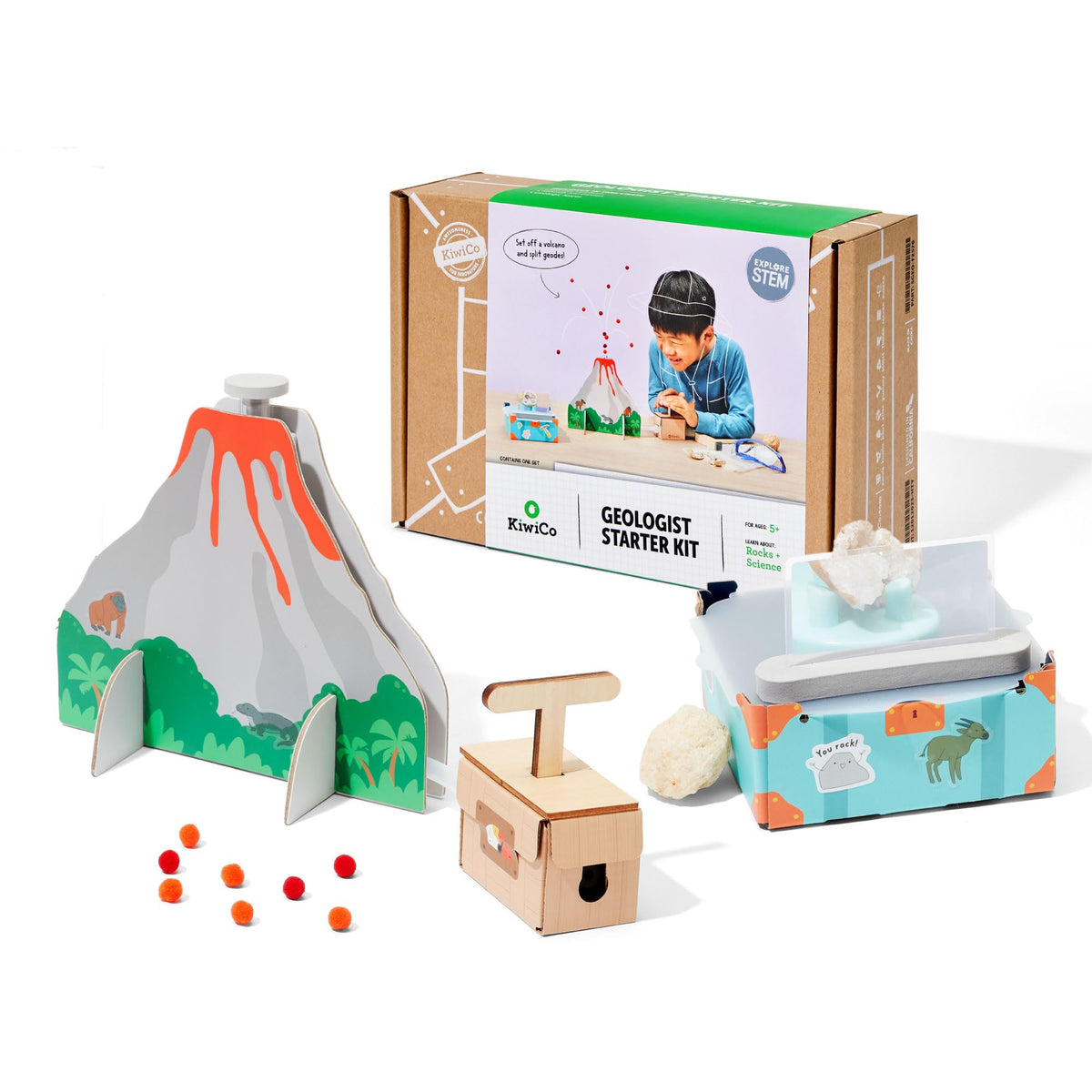 KiwiCo volcano kit eruption action demonstrates pressure triggering eruption for hands-on learning.