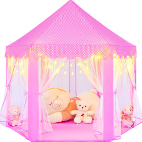 KIXINWA pink princess tent with LED star lights for magical, imaginative playtime.