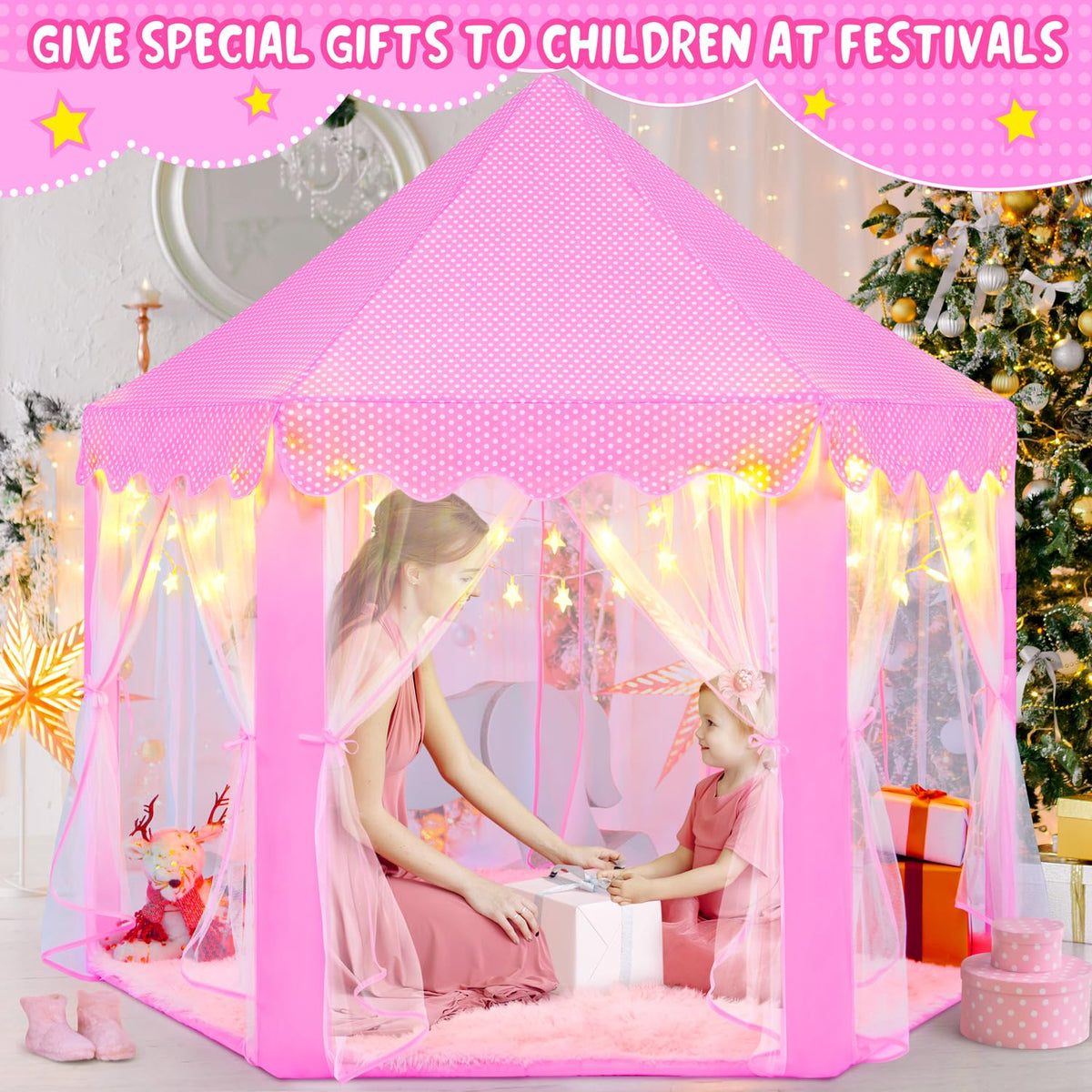 KIXINWA pink princess tent safety certification badge assures parents.