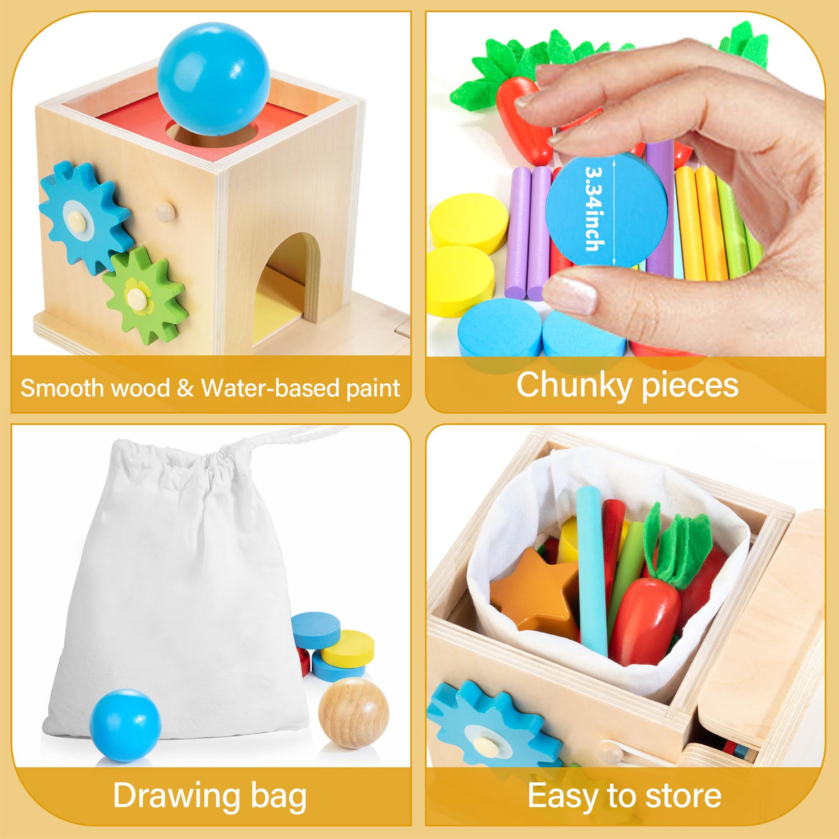 Kizfarm ball drop and spinning gear deliver tactile feedback for cause-and-effect exploration.