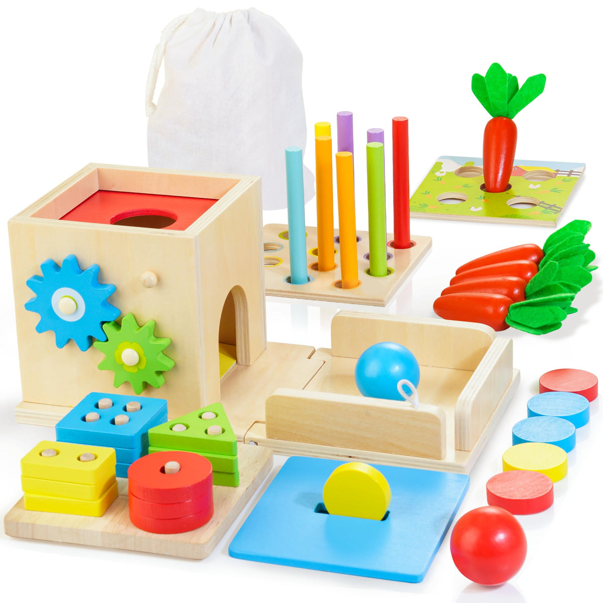 Kizfarm wooden 8-in-1 Montessori box open promotes tidy storage and versatile play for toddlers.