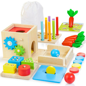 Kizfarm wooden 8-in-1 Montessori box open promotes tidy storage and versatile play for toddlers.