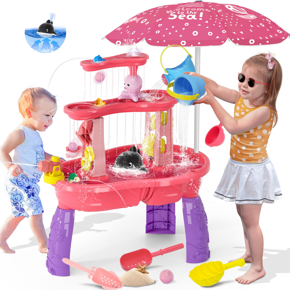 KIZJORYA water table with pink umbrella offers shaded outdoor play for toddlers.