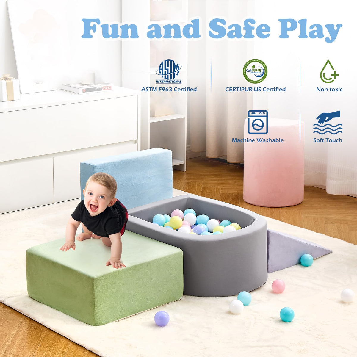 Machine-washable cover simplifies cleanup of KIZLAND climbing blocks.