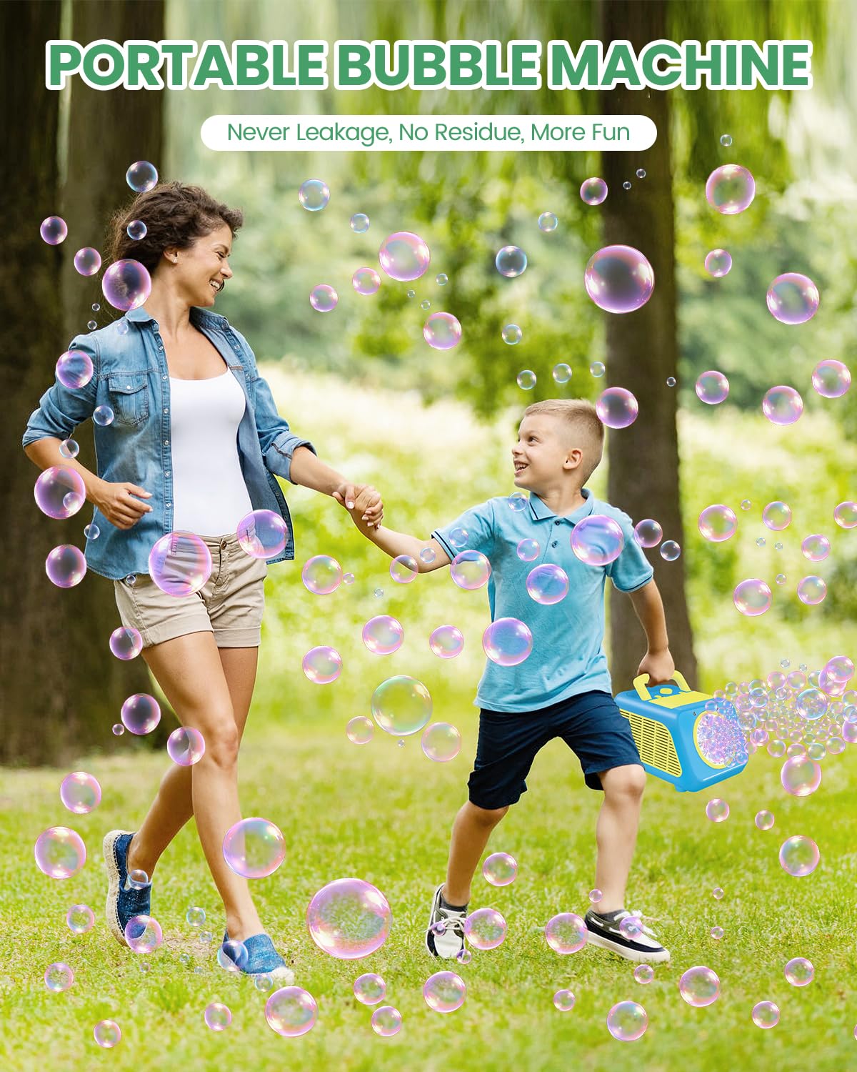 Kizmore bubble machine with two speed levels for versatile bubble play.