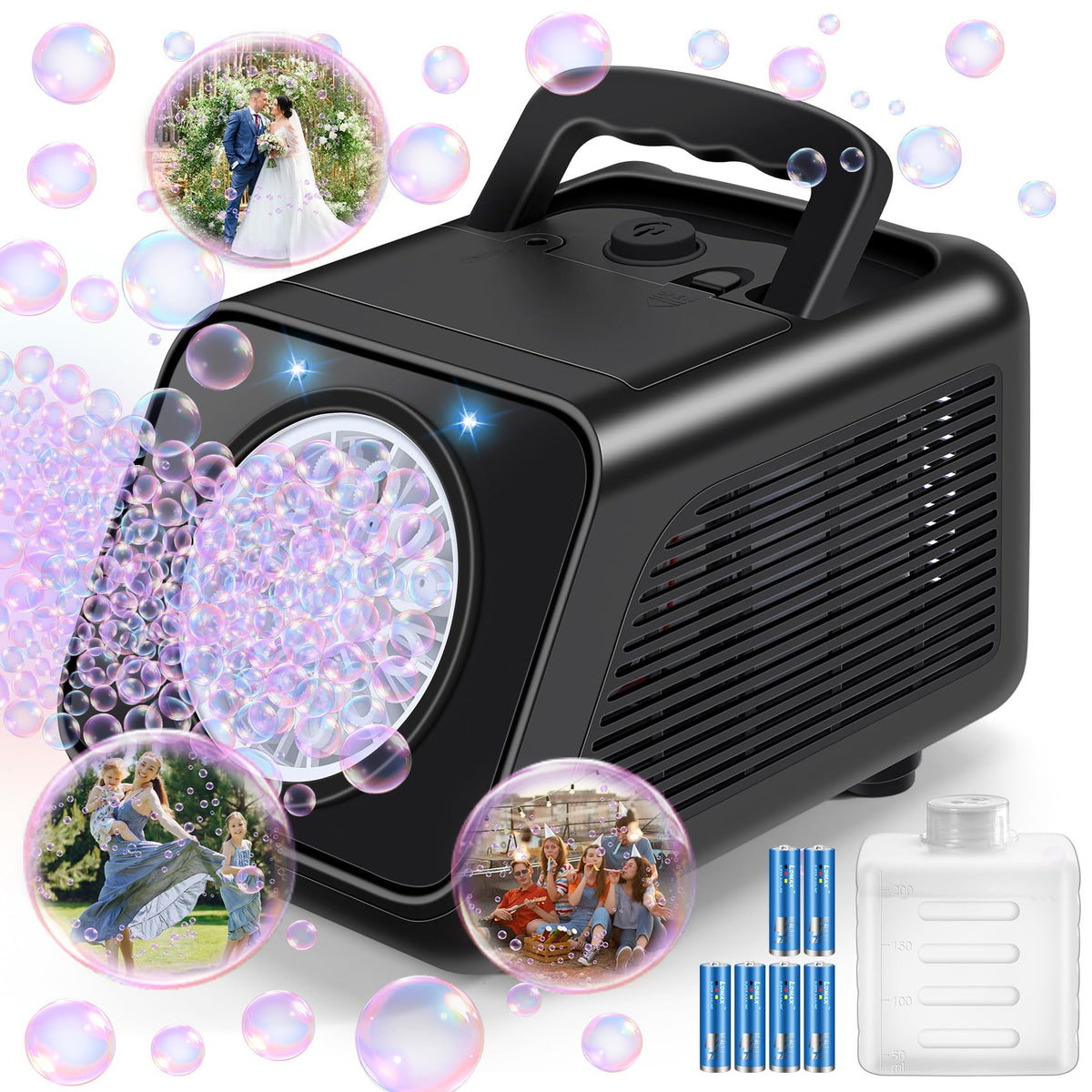 Kizmore bubble machine front view showing compact safe design and performance.