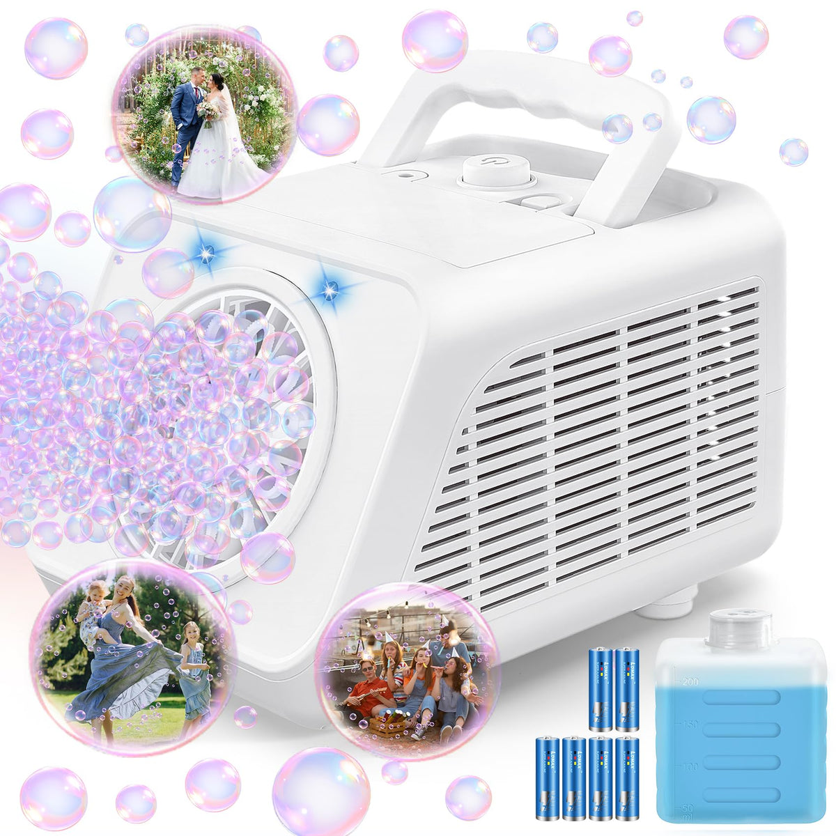 Kizmore bubble machine front view for safe indoor play