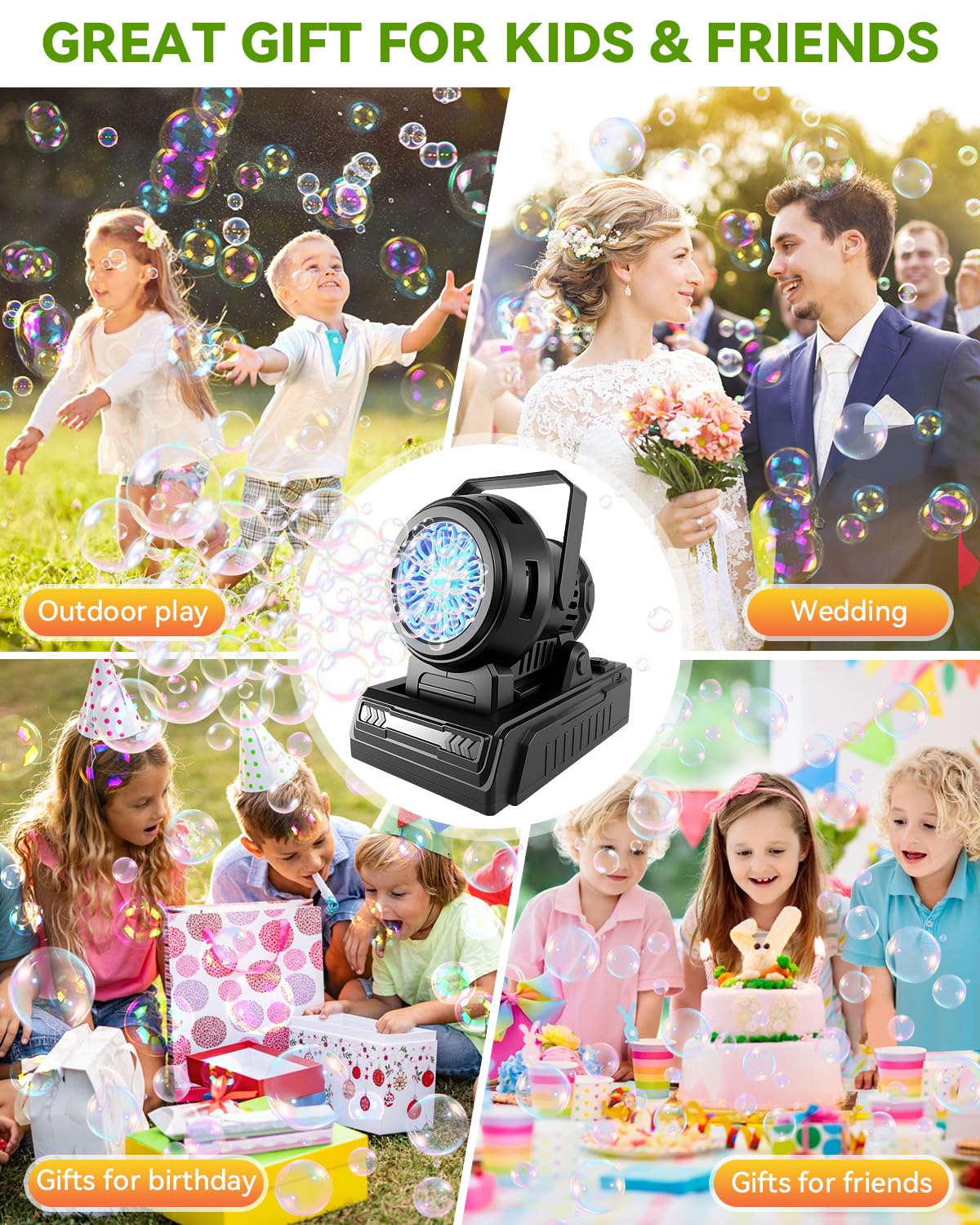 Kizmore Bubble Machine indoor outdoor use for parties and playtime.