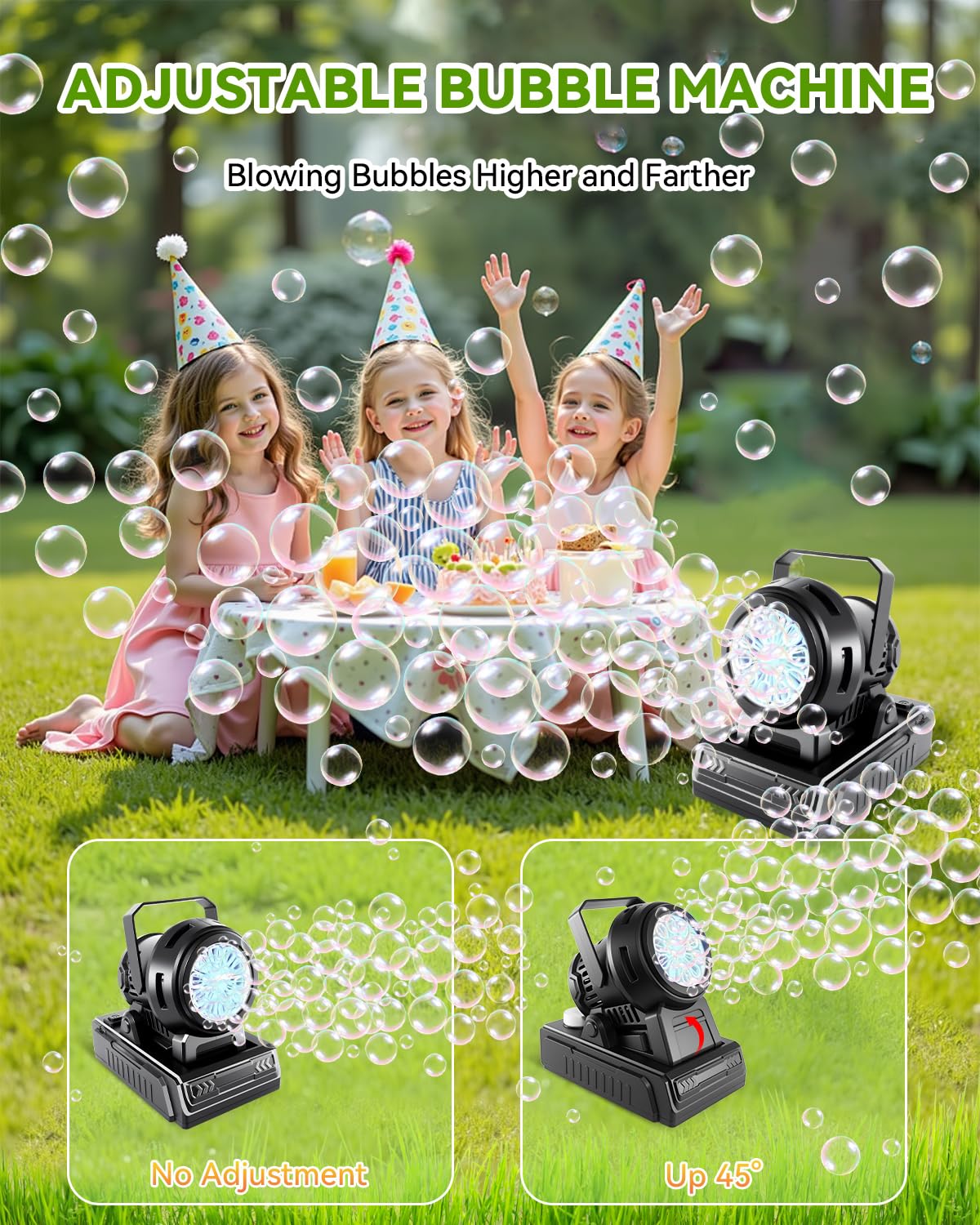 Kizmore Bubble Machine kids and pets enjoying garden fun with bubbles.