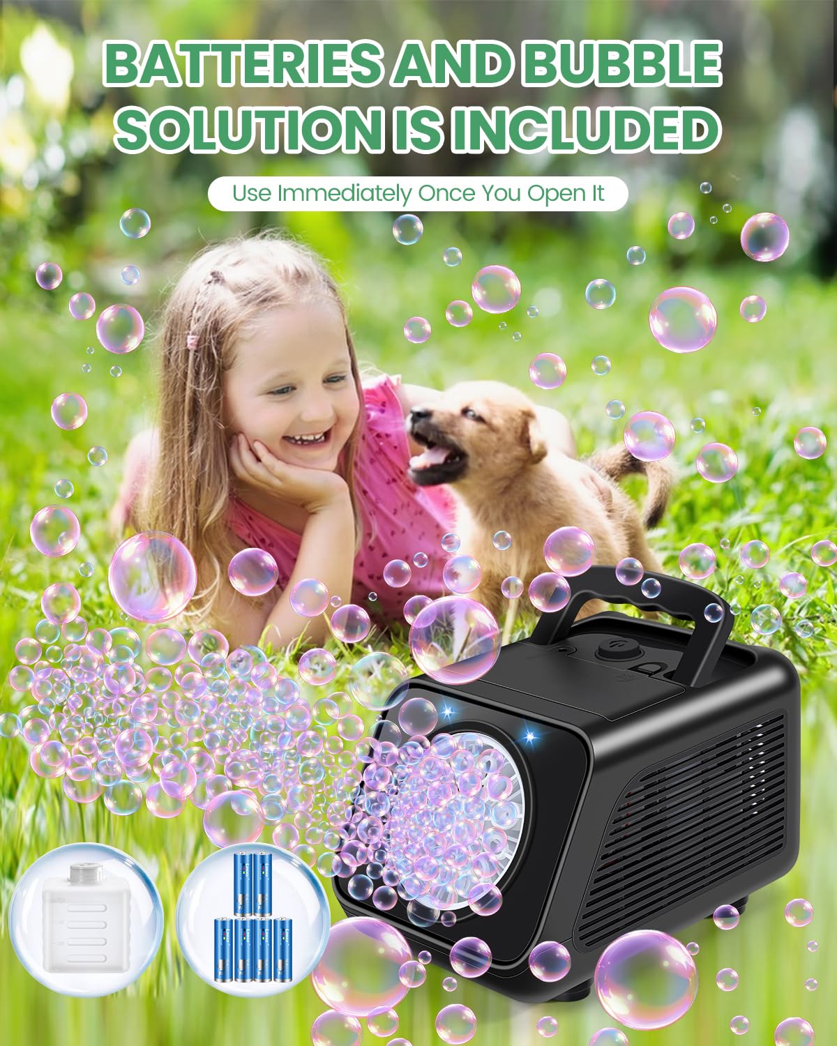 Kizmore bubble machine nozzle delivering continuous bubbles in action.
