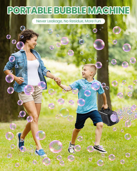 Kizmore bubble machine outdoors with kids enjoying vibrant bubbles.