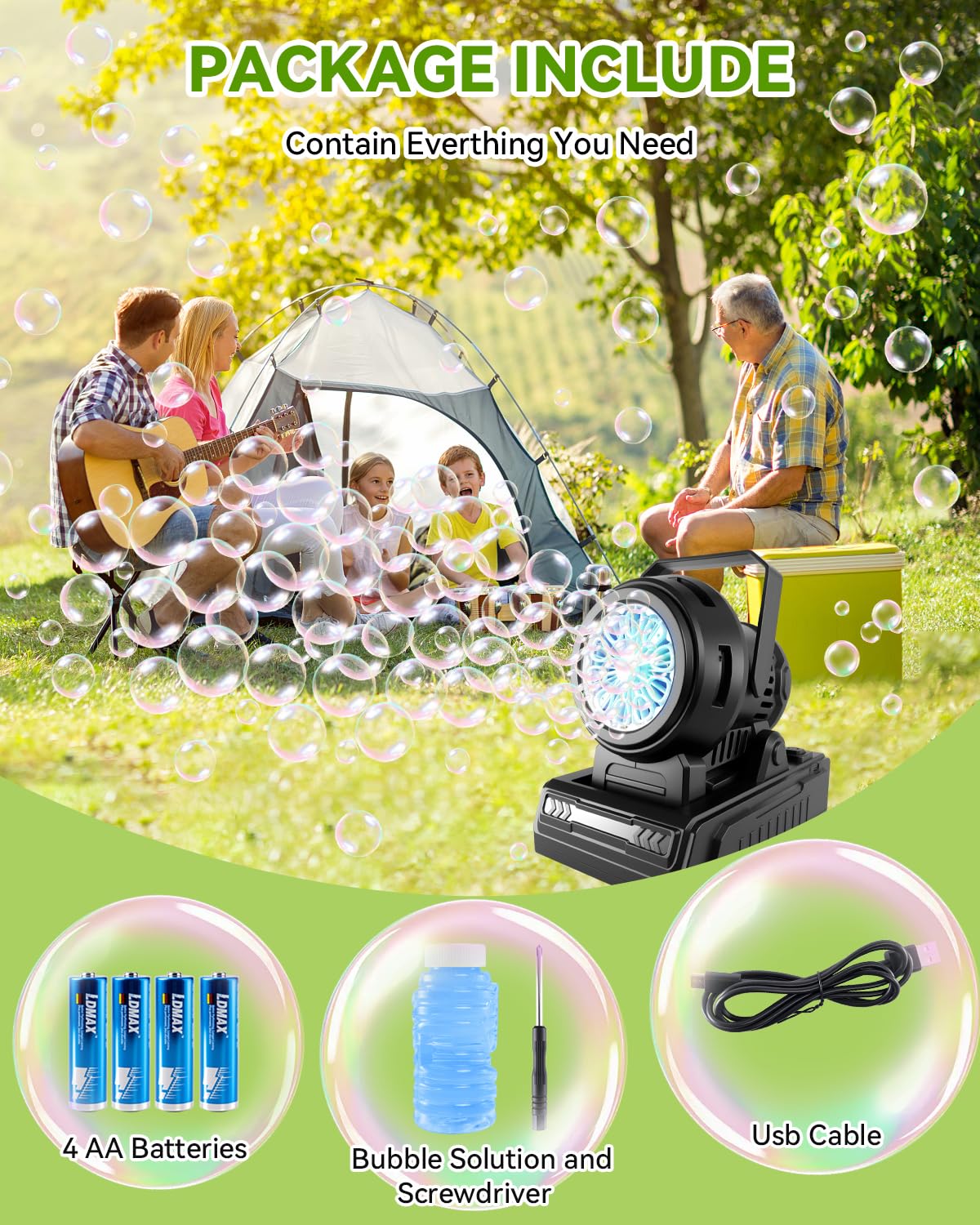 Kizmore Bubble Machine creates a bubble show for parties and celebrations.