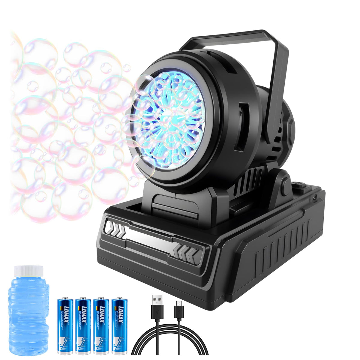 Kizmore Bubble Machine rechargeable battery-powered for versatile placement.