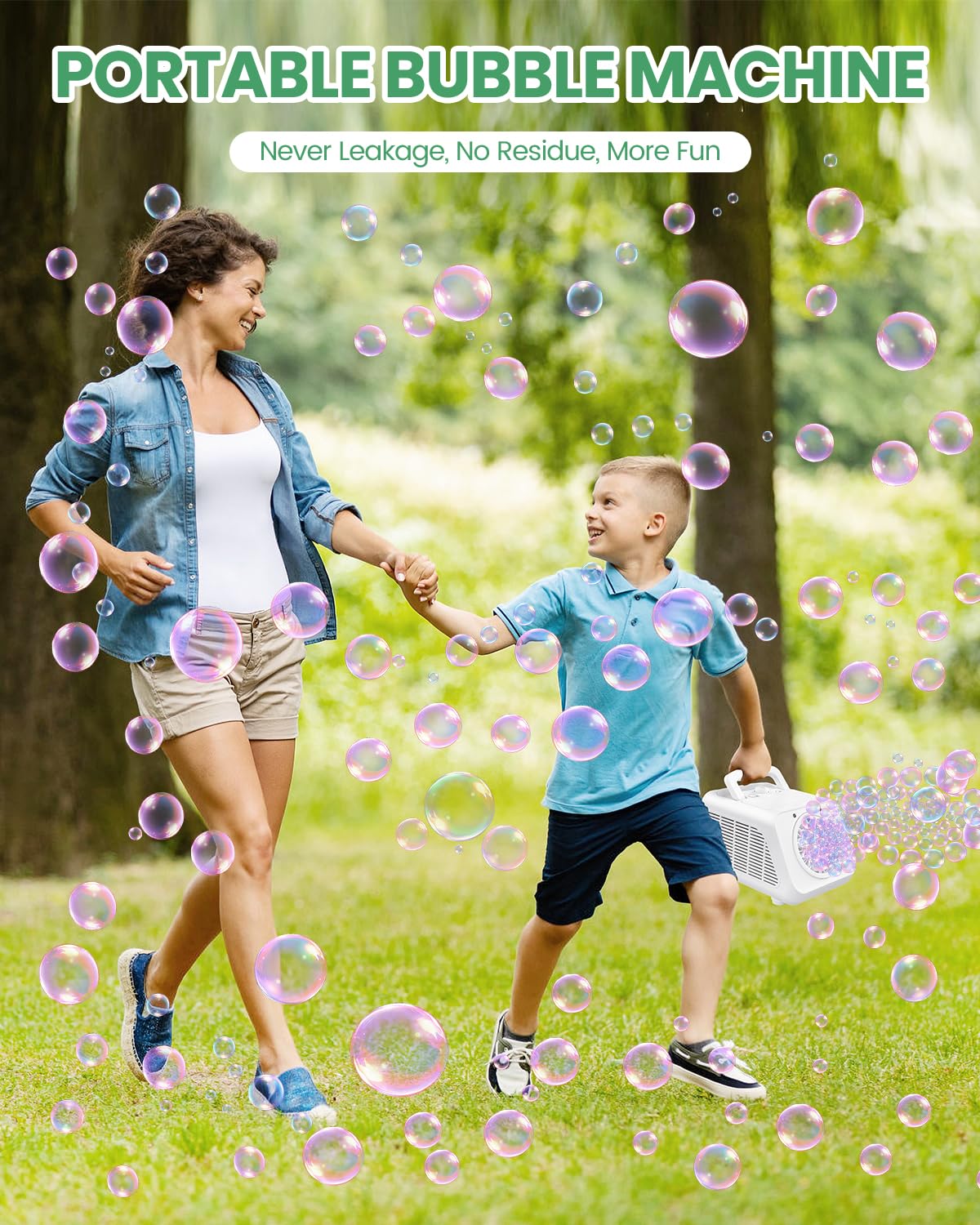 Kizmore kids outdoors chasing colorful bubbles
