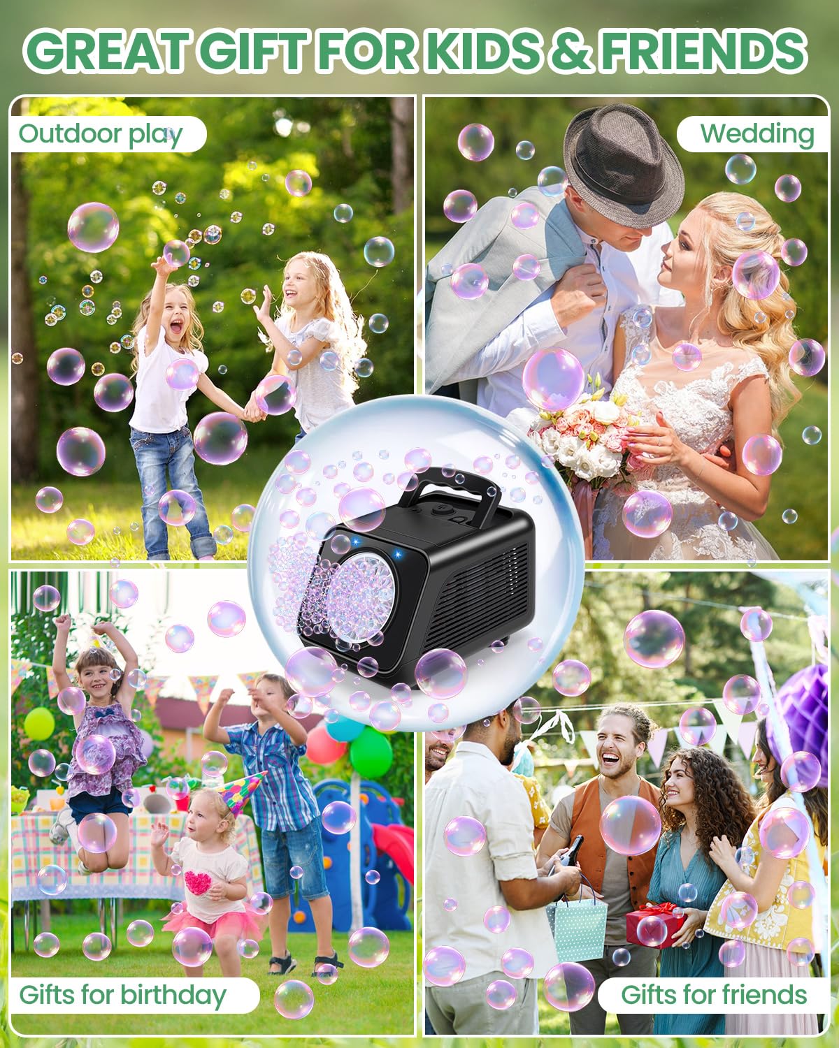 Kizmore bubble machine used by kids for playful bubble chasing.