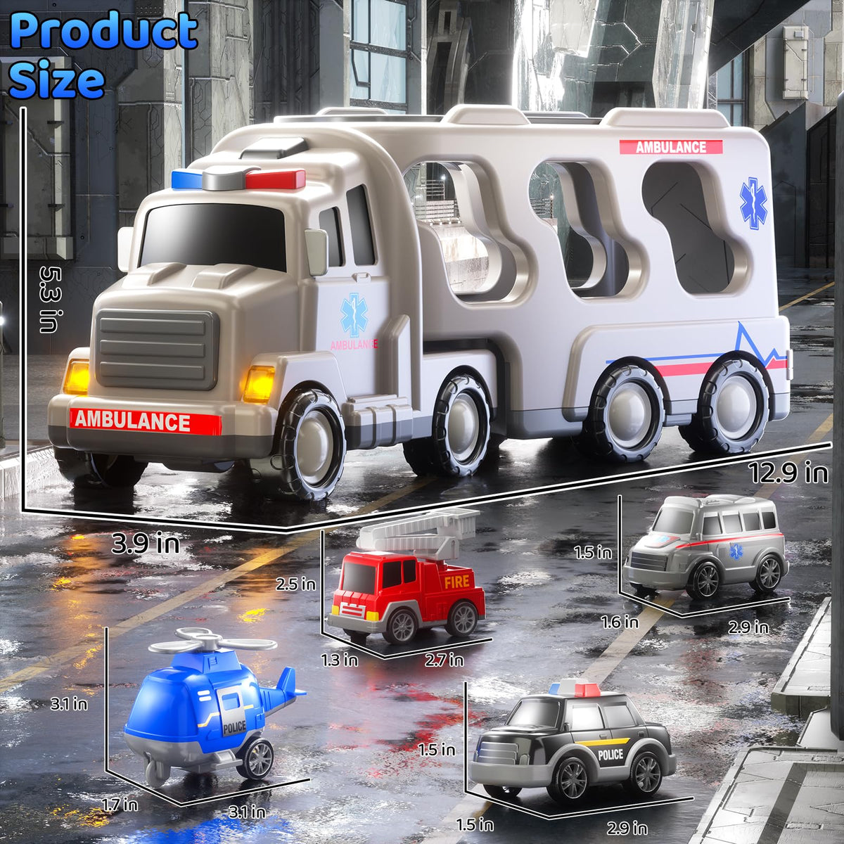 KIZONLY ambulance truck set includes four cars for varied rescue scenes