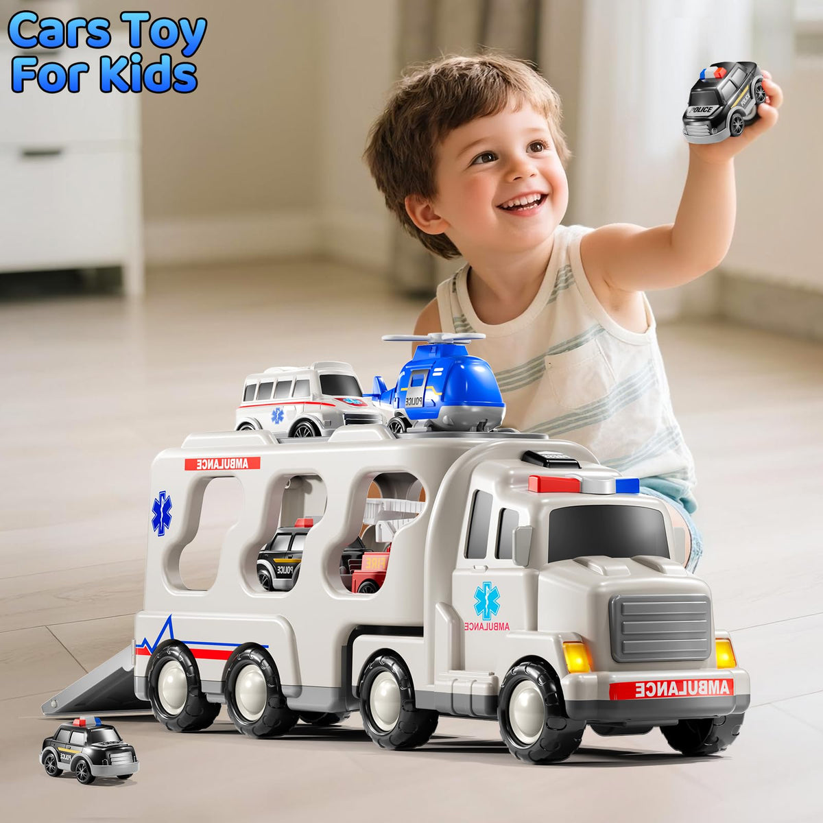 KIZONLY ambulance truck set light and sound button enhances sensory play