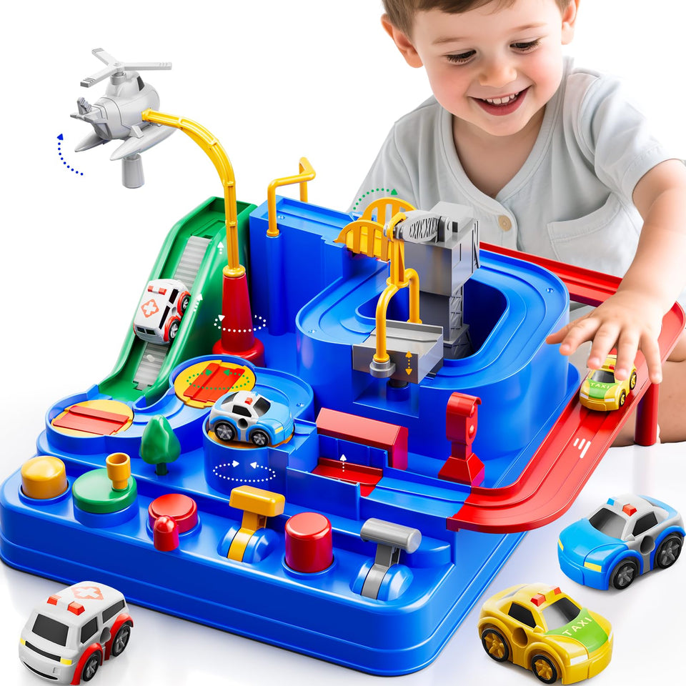 KIZONLY car race track front view shows compact design for small play spaces.