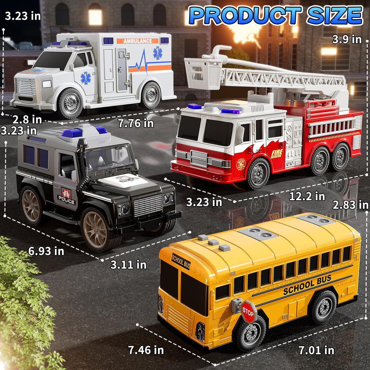 KIZONLY emergency vehicle set showcases adjustable platform for interactive play.