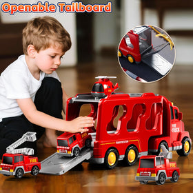 KIZONLY fire truck carrier contents show four vehicles for storytelling.