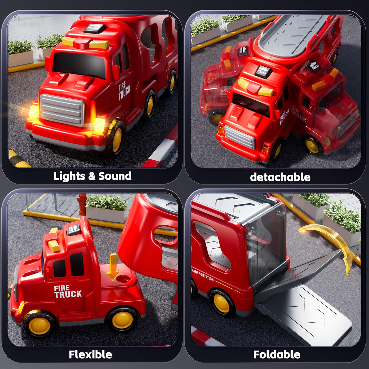 KIZONLY fire truck light-button close-up, promotes interactive play.