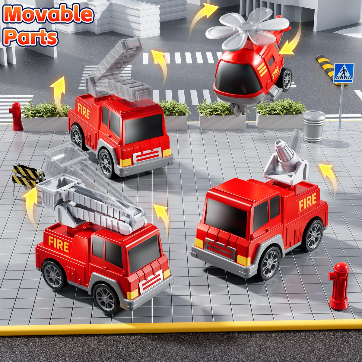 KIZONLY fire truck rotating cab demonstrates obstacle avoidance during play.