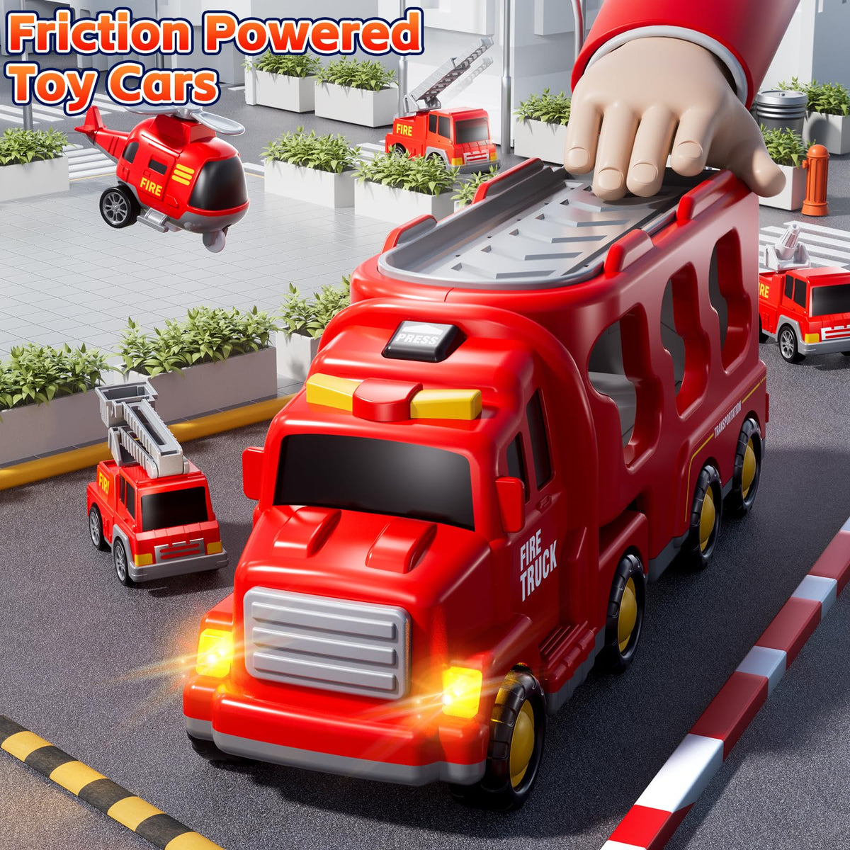 KIZONLY fire truck sprinkler image highlights storage and light features.