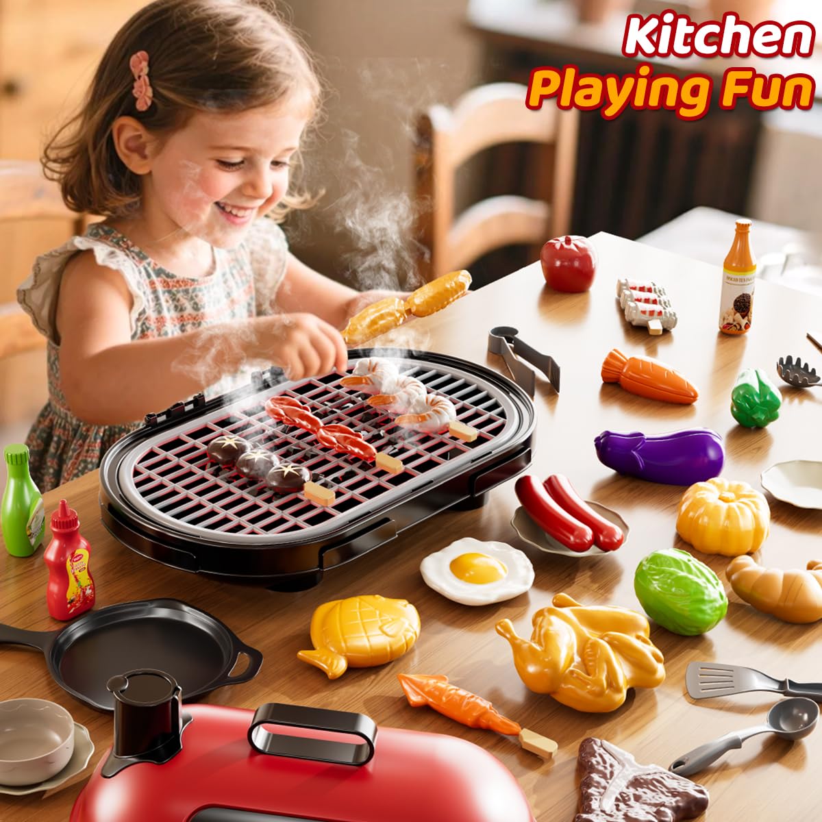 KIZONLY Kids Grill Playset with tongs and utensils for pretend cooking