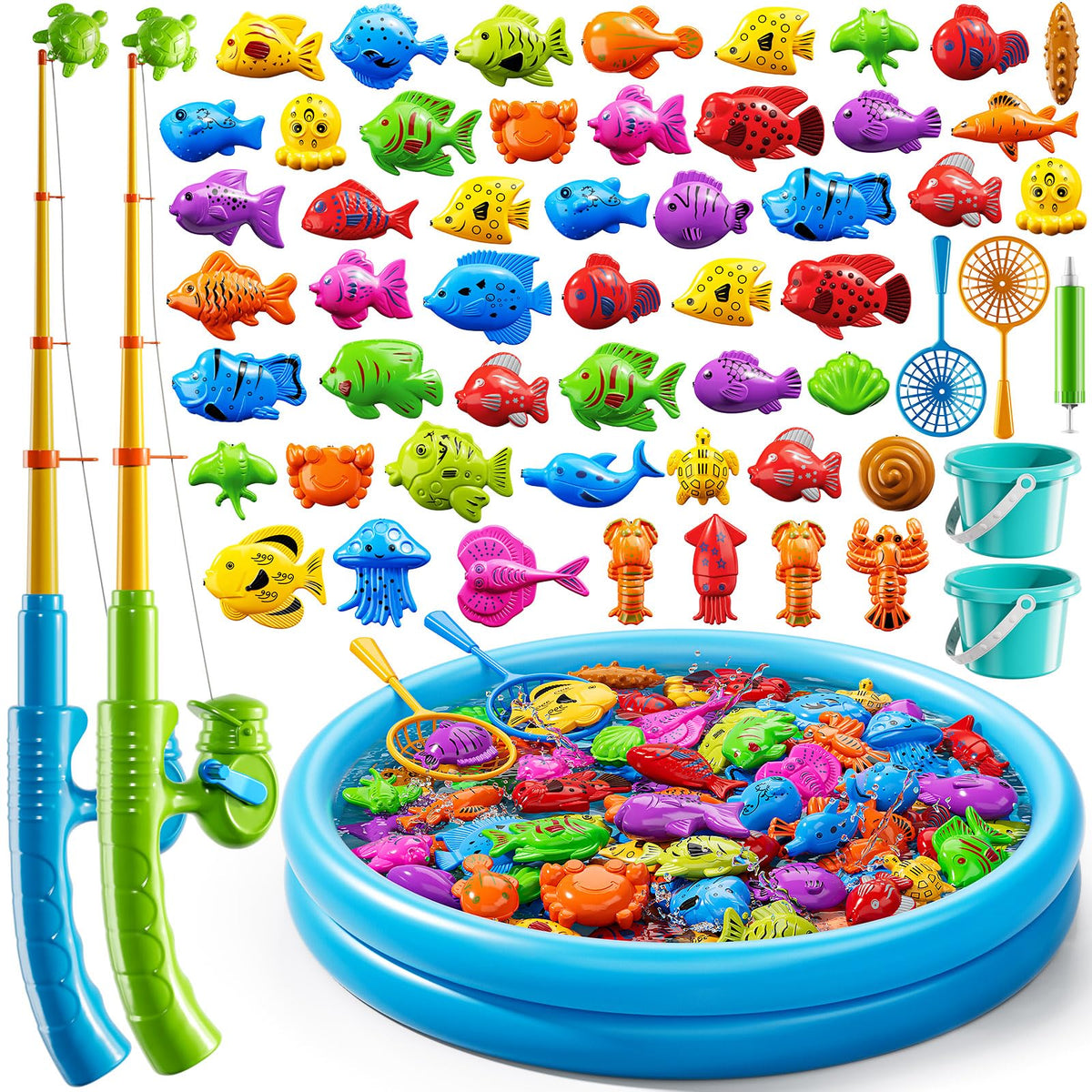 KIZONLY magnet fishing game front view shows inviting colorful fish for cooperative play