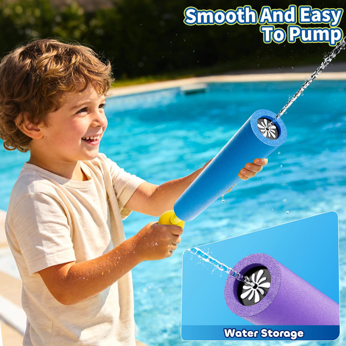 KIZONLY water squirter in action showing a long spray reach for beach games.