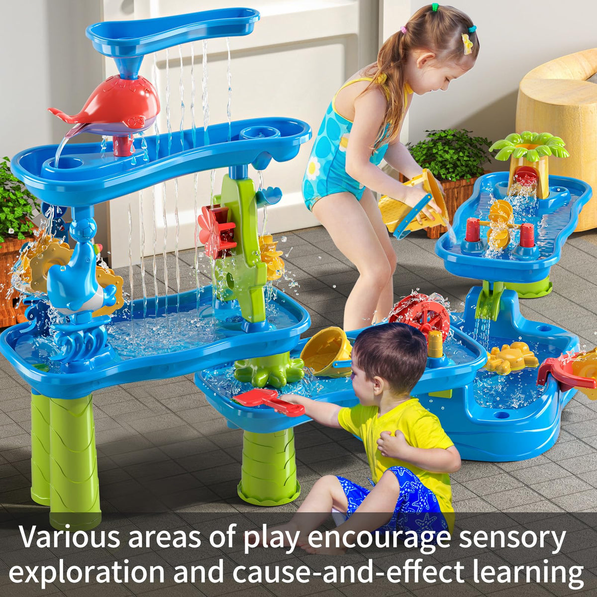 KIZONLY water table waterfalls feature encourages interactive water play.