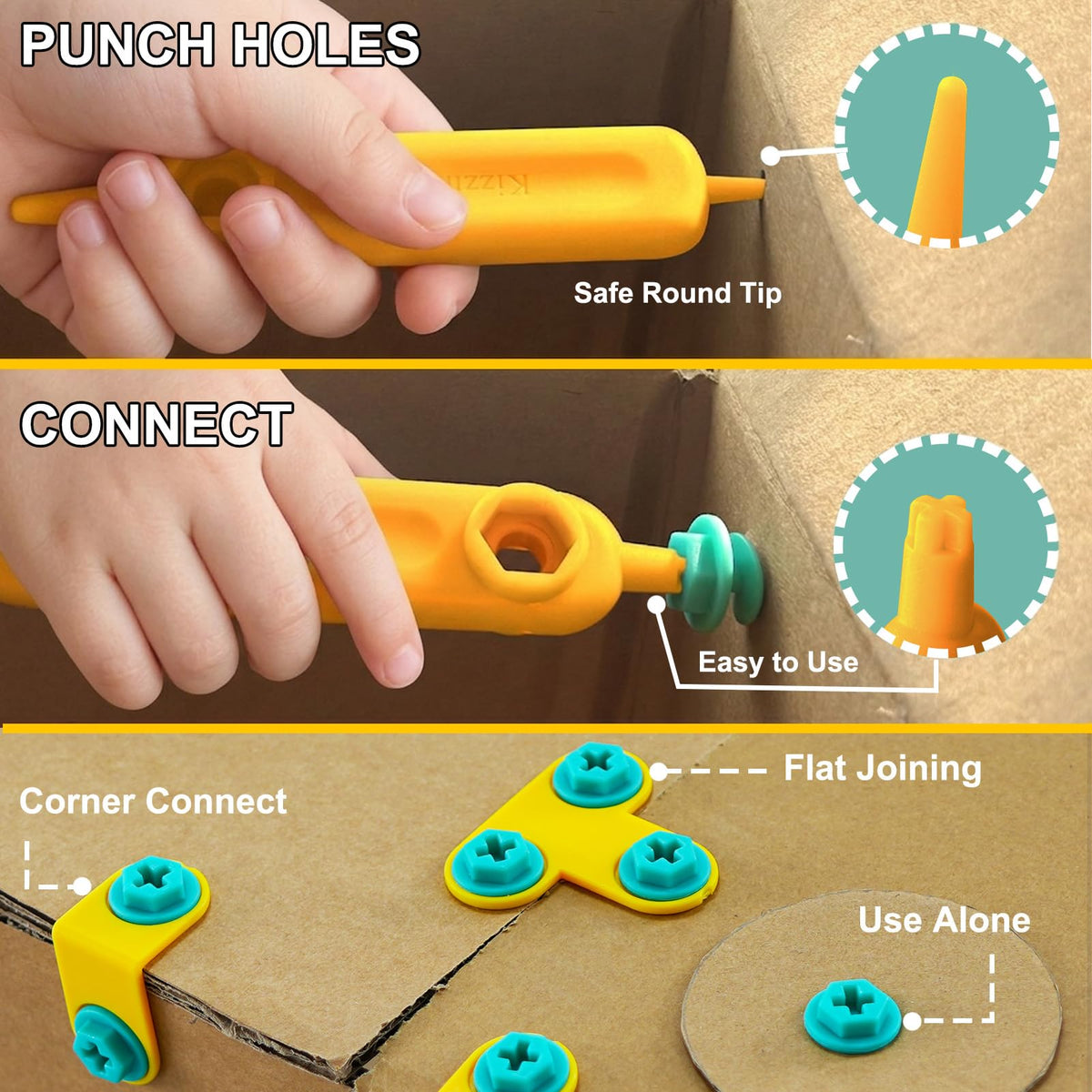 Kizzikids 180-degree connectors expand building surfaces for creative designs.